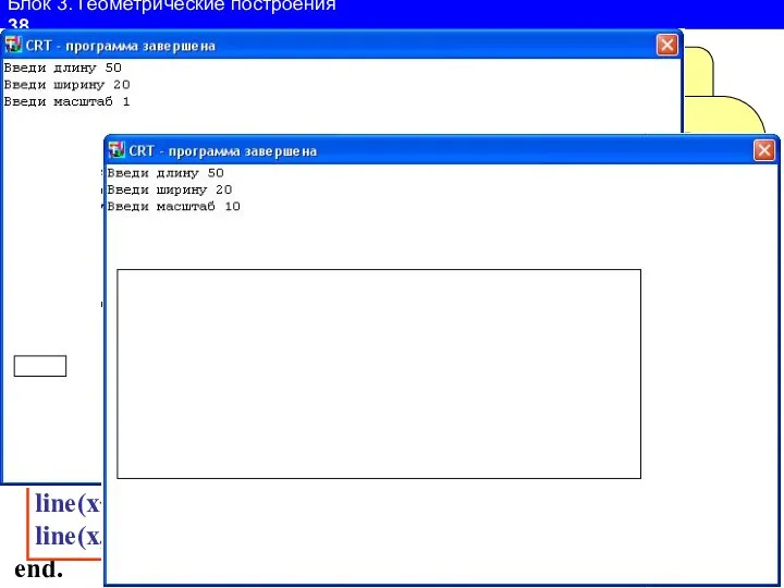 Блок 3. Геометрические построения 38 Program n1; Uses Crt,GraphAbc; var a,b,m,x,y:Integer;