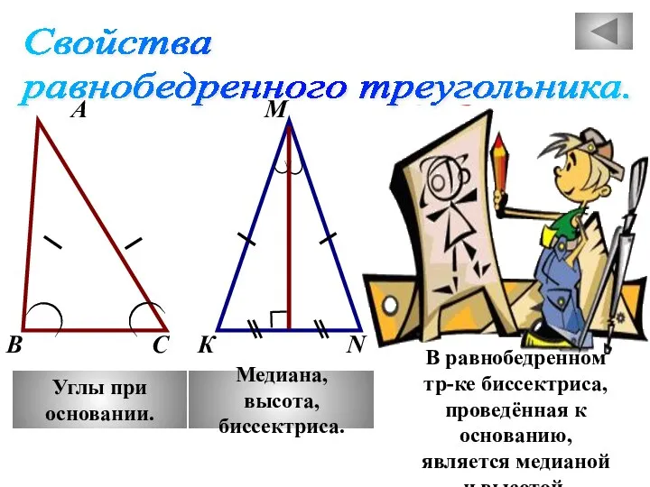 Свойства равнобедренного треугольника. А М В К С N Углы при