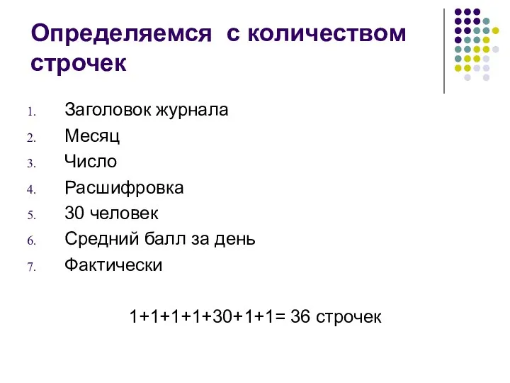 Определяемся с количеством строчек Заголовок журнала Месяц Число Расшифровка 30 человек