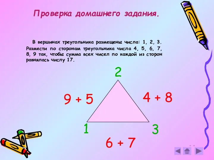 Проверка домашнего задания. В вершинах треугольника размещены числа: 1, 2, 3.