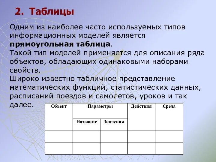 2. Таблицы Одним из наиболее часто используемых типов информационных моделей является