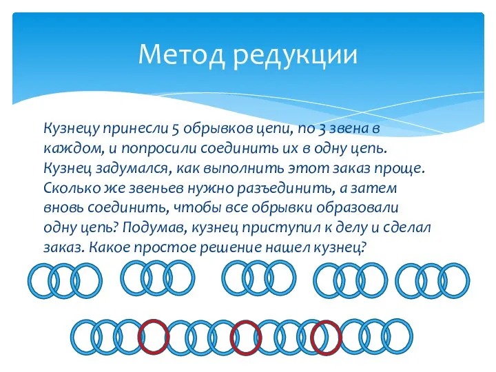 Кузнецу принесли 5 обрывков цепи, по 3 звена в каждом, и