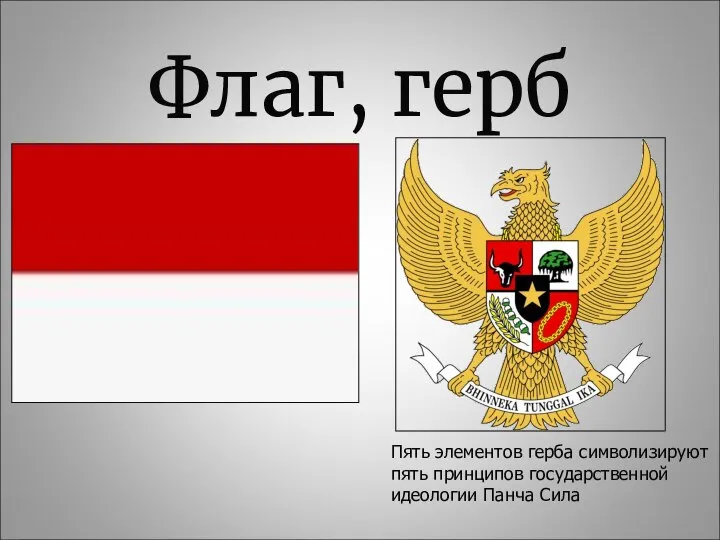 Флаг, герб Пять элементов герба символизируют пять принципов государственной идеологии Панча Сила