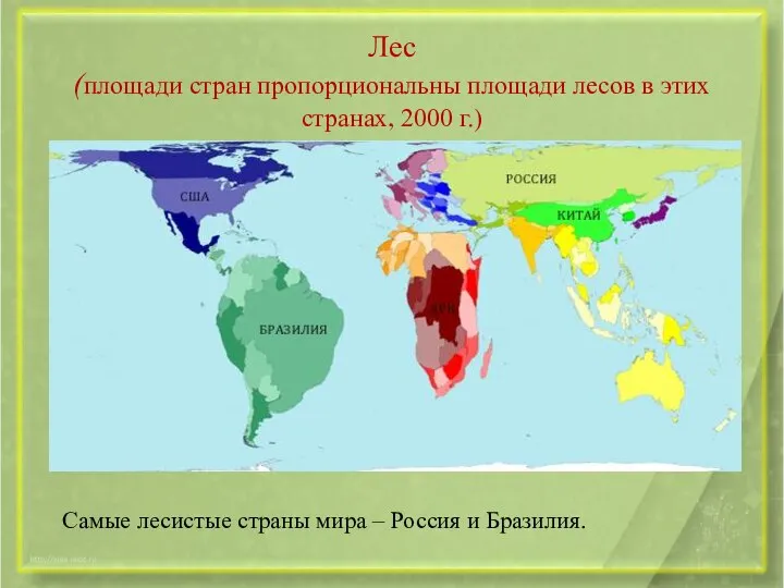 Лес (площади стран пропорциональны площади лесов в этих странах, 2000 г.)