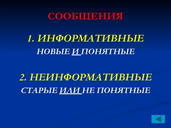 СООБЩЕНИЯ 1. ИНФОРМАТИВНЫЕ НОВЫЕ И ПОНЯТНЫЕ 2. НЕИНФОРМАТИВНЫЕ СТАРЫЕ ИЛИ НЕ ПОНЯТНЫЕ