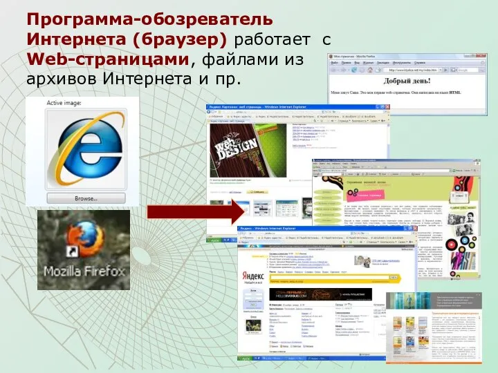 Программа-обозреватель Интернета (браузер) работает с Web-страницами, файлами из архивов Интернета и пр.