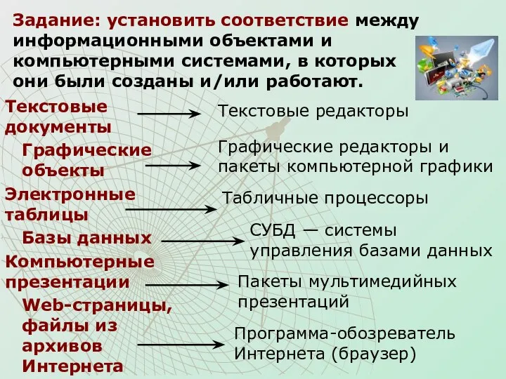 Задание: установить соответствие между информационными объектами и компьютерными системами, в которых