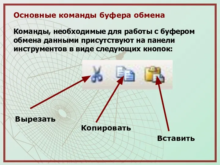 Основные команды буфера обмена Команды, необходимые для работы с буфером обмена