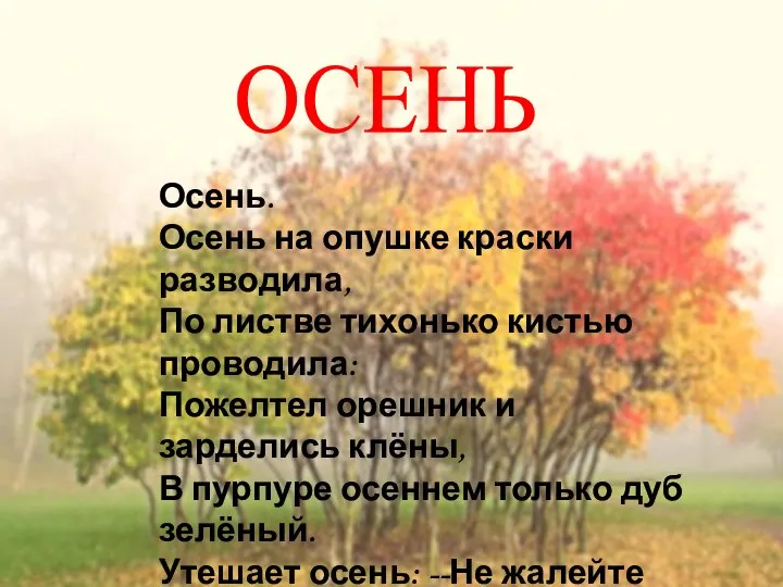 Осень. Осень на опушке краски разводила, По листве тихонько кистью проводила: