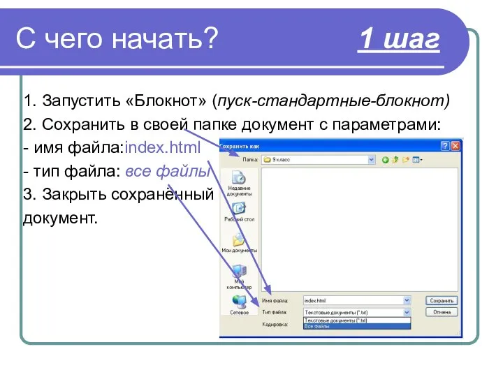 С чего начать? 1 шаг 1. Запустить «Блокнот» (пуск-стандартные-блокнот) 2. Сохранить