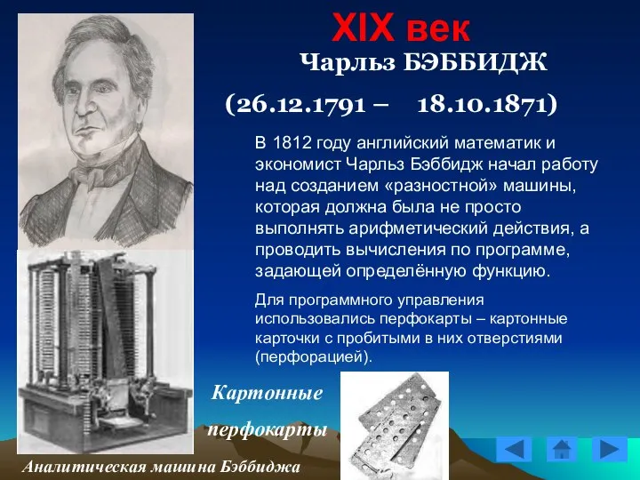 XIX век Чарльз БЭББИДЖ (26.12.1791 – 18.10.1871) Картонные перфокарты Аналитическая машина