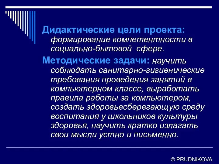 Дидактические цели проекта: формирование компетентности в социально-бытовой сфере. Методические задачи: научить