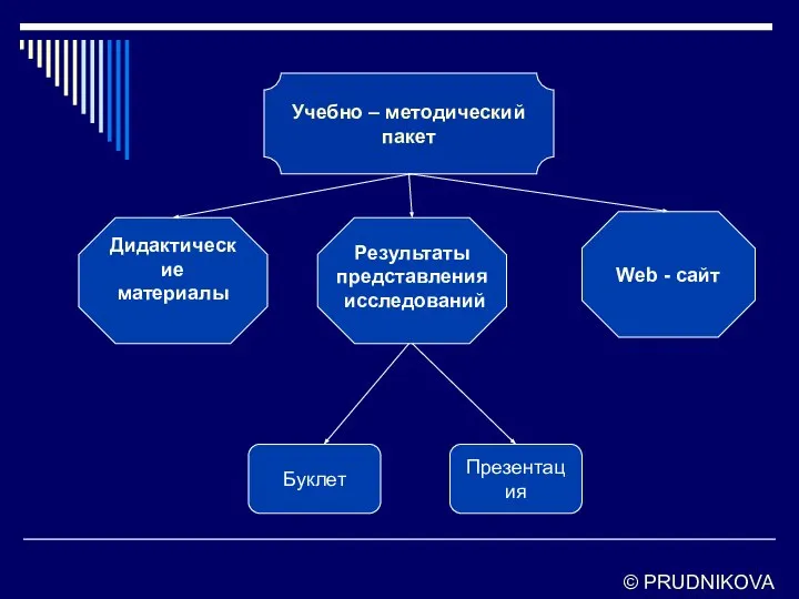 Учебно – методический пакет Дидактические материалы Web - сайт Буклет Презентация Результаты представления исследований © PRUDNIKOVA