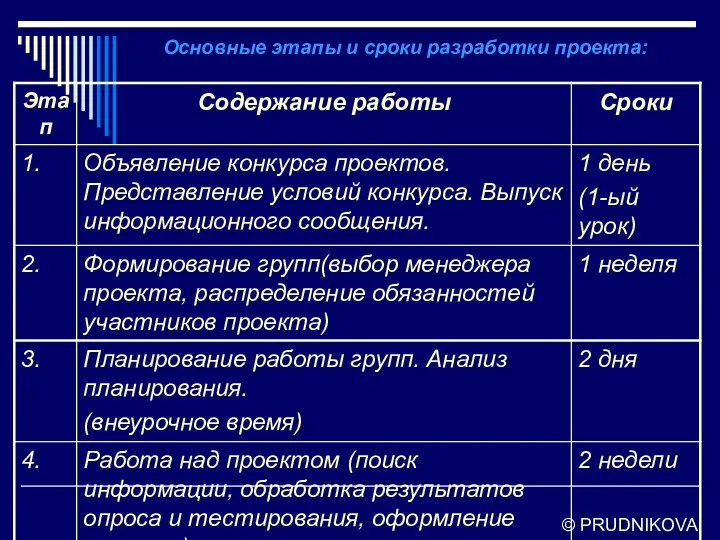 © PRUDNIKOVA Основные этапы и сроки разработки проекта: