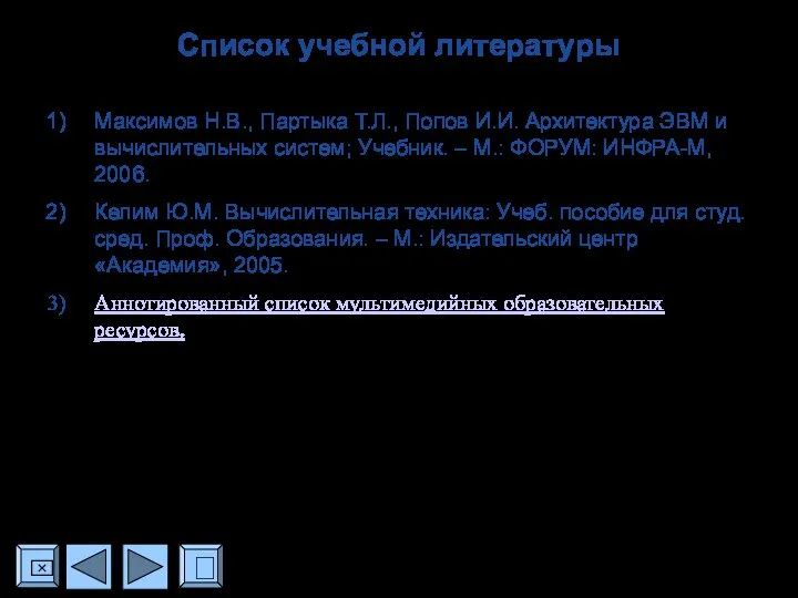 Список учебной литературы Максимов Н.В., Партыка Т.Л., Попов И.И. Архитектура ЭВМ