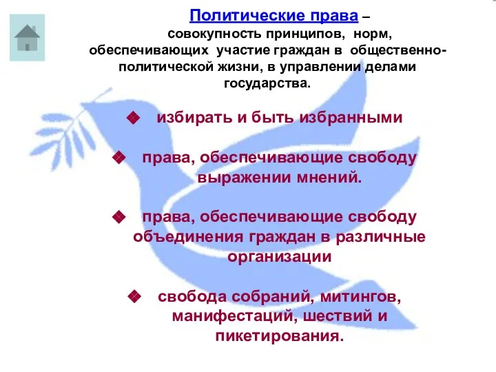 Политические права – совокупность принципов, норм, обеспечивающих участие граждан в общественно-политической