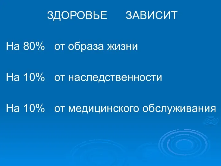 ЗДОРОВЬЕ ЗАВИСИТ На 80% от образа жизни На 10% от наследственности На 10% от медицинского обслуживания