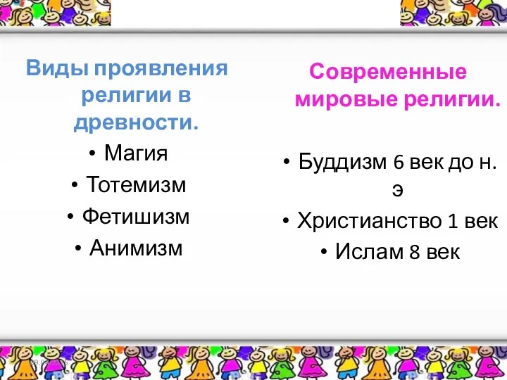 Виды религий Виды проявления религии в древности. Магия Тотемизм Фетишизм Анимизм