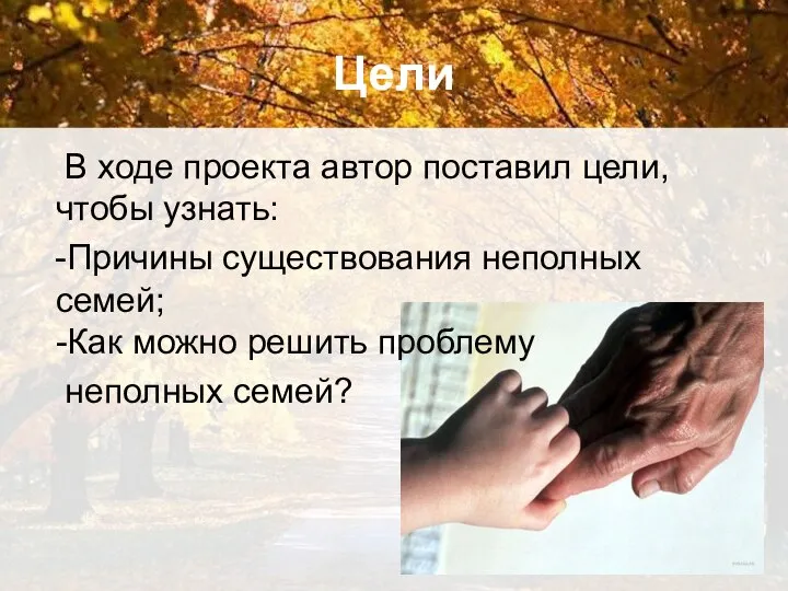 Цели В ходе проекта автор поставил цели, чтобы узнать: -Причины существования