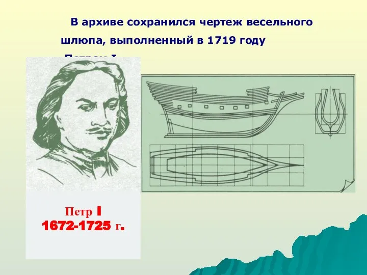 В архиве сохранился чертеж весельного шлюпа, выполненный в 1719 году Петром I.