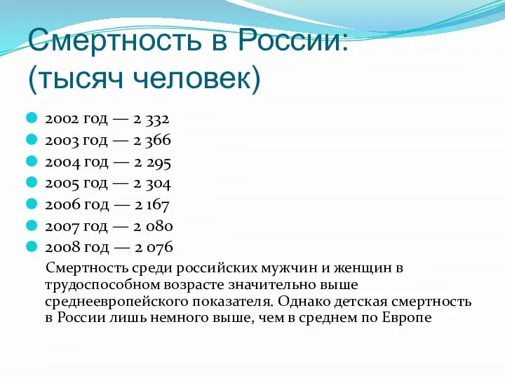 Смертность в России: (тысяч человек) 2002 год — 2 332 2003