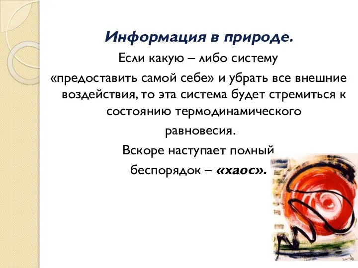Информация в природе. Если какую – либо систему «предоставить самой себе»