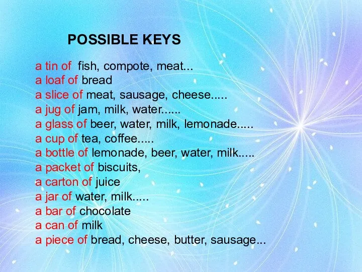 POSSIBLE KEYS a tin of fish, compote, meat... a loaf of