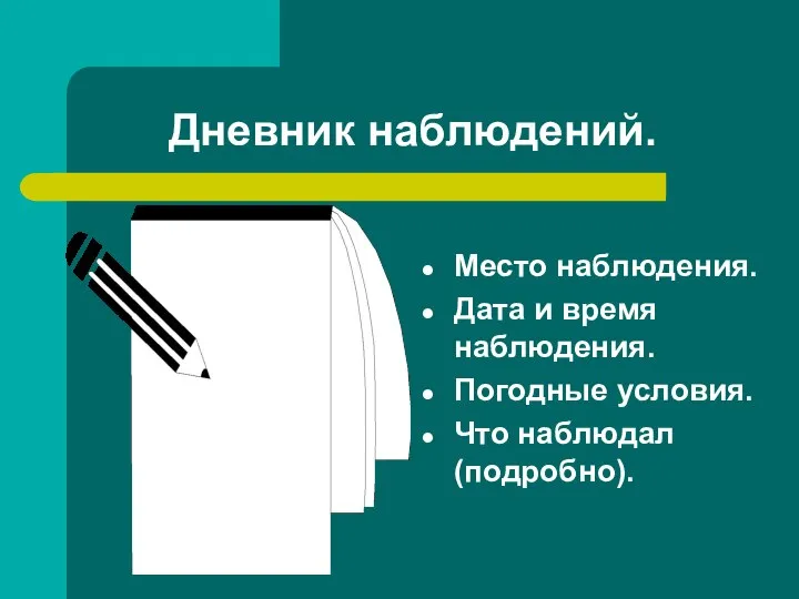 Дневник наблюдений. Место наблюдения. Дата и время наблюдения. Погодные условия. Что наблюдал (подробно).