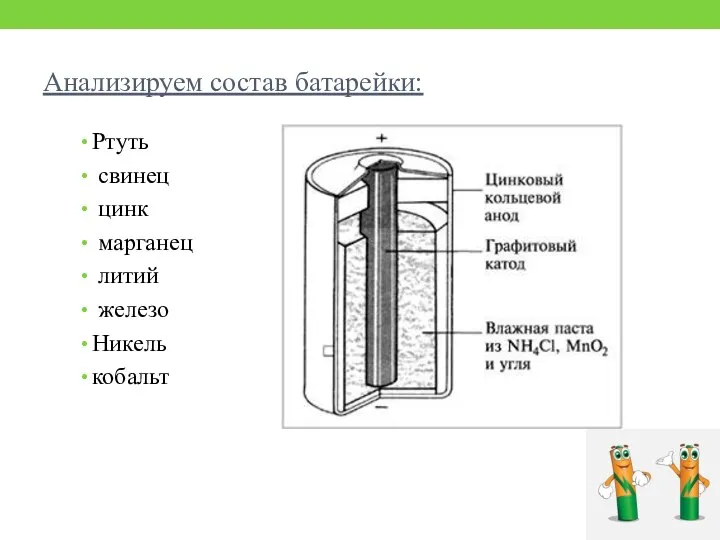 Анализируем состав батарейки: Ртуть свинец цинк марганец литий железо Никель кобальт