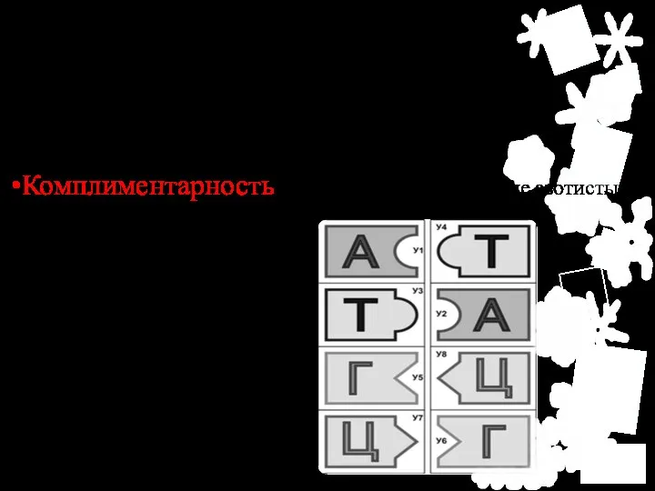 Правило Чаргаффа Содержание А=Т Содержание Г= Ц Комплиментарность - это взаимное