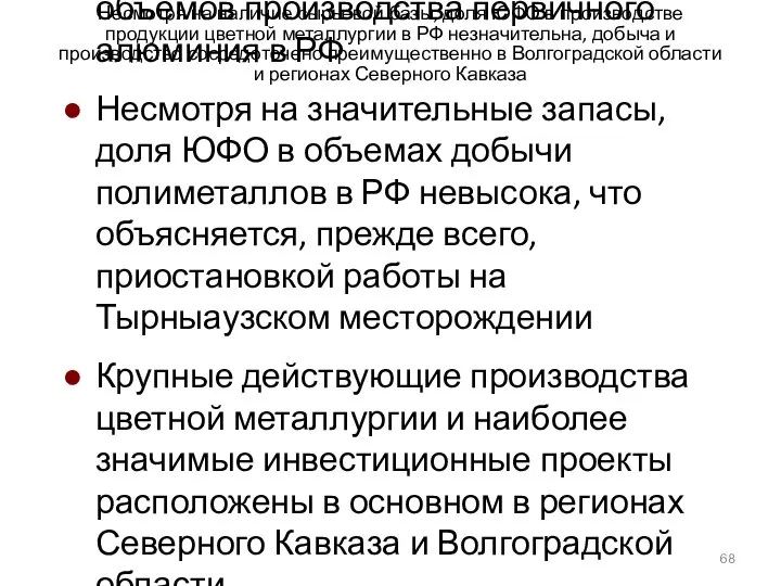 Несмотря на наличие сырьевой базы, доля ЮФО в производстве продукции цветной