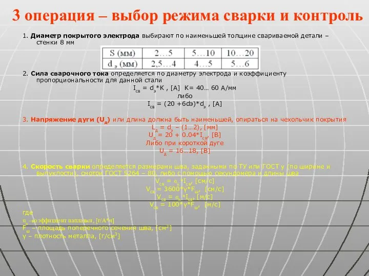 3 операция – выбор режима сварки и контроль 1. Диаметр покрытого