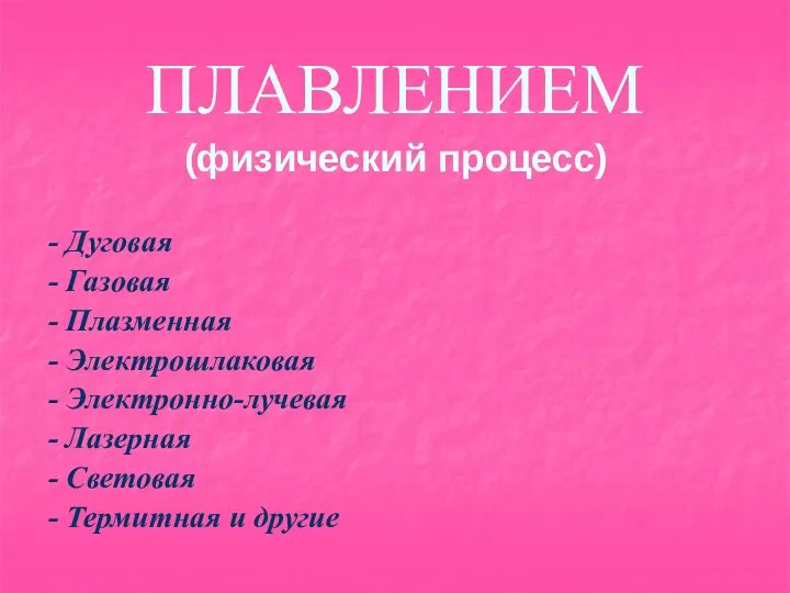 ПЛАВЛЕНИЕМ (физический процесс) - Дуговая - Газовая - Плазменная - Электрошлаковая