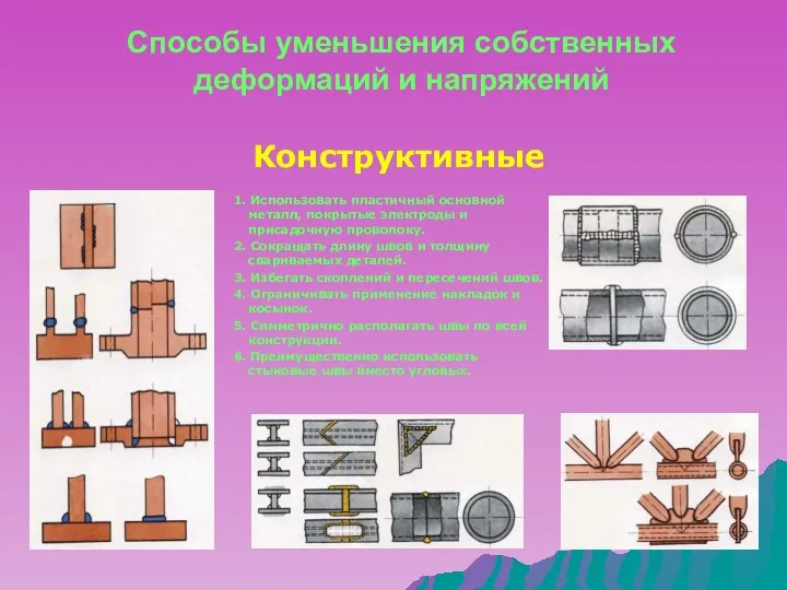 Способы уменьшения собственных деформаций и напряжений 1. Использовать пластичный основной металл,