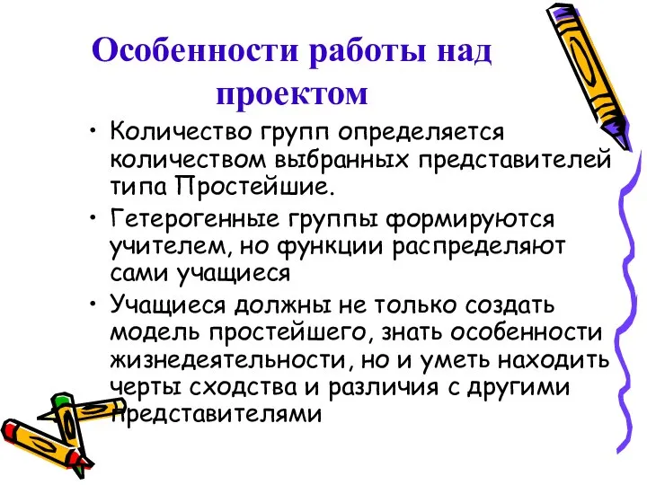 Особенности работы над проектом Количество групп определяется количеством выбранных представителей типа