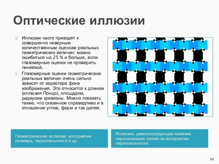 Оптические иллюзии Геометрические иллюзии: восприятие размера, параллельности и др. Иллюзия, демонстрирующая