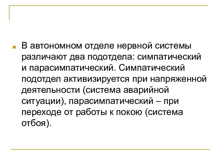 В автономном отделе нервной системы различают два подотдела: симпатический и парасимпатический.