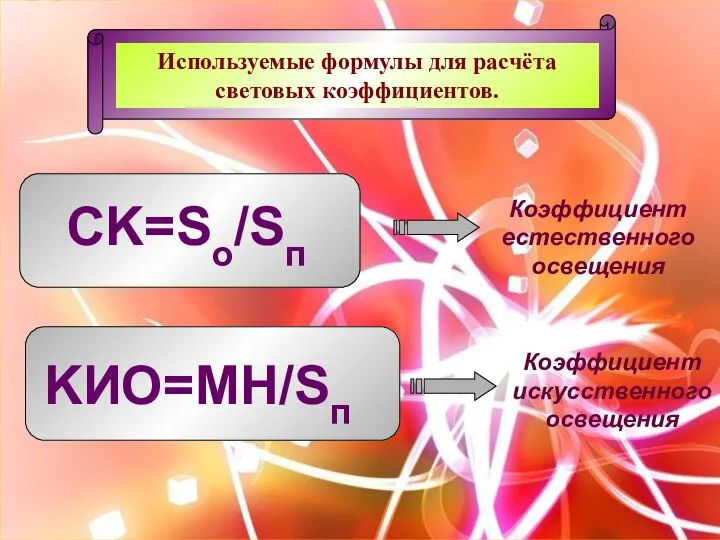 Используемые формулы для расчёта световых коэффициентов. CK=Sо/Sп KИО=МН/Sп Коэффициент естественного освещения Коэффициент искусственного освещения