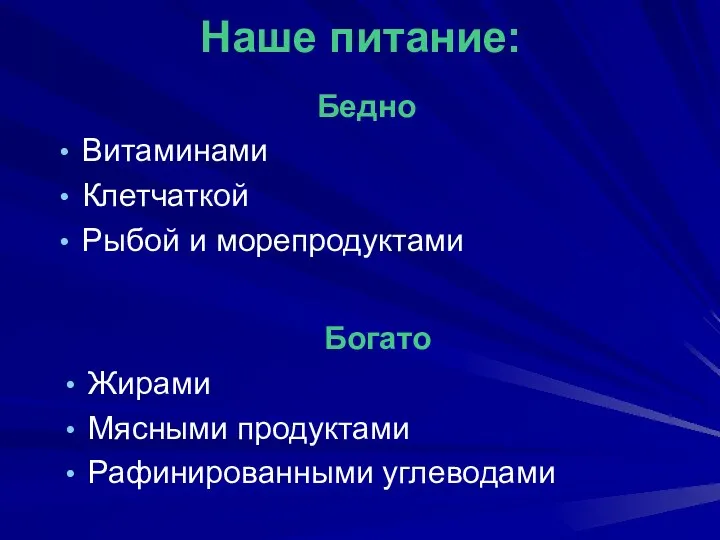 Наше питание: Бедно Витаминами Клетчаткой Рыбой и морепродуктами Богато Жирами Мясными продуктами Рафинированными углеводами