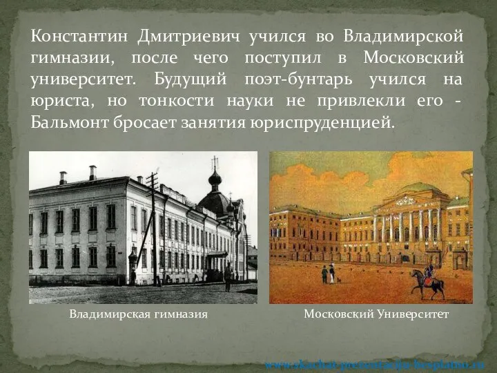 Константин Дмитриевич учился во Владимирской гимназии, после чего поступил в Московский