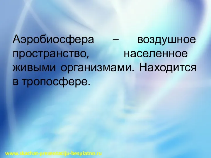 Аэробиосфера – воздушное пространство, населенное живыми организмами. Находится в тропосфере. www.skachat-prezentaciju-besplatno.ru