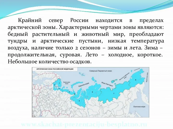 Крайний север России находится в пределах арктической зоны. Характерными чертами зоны