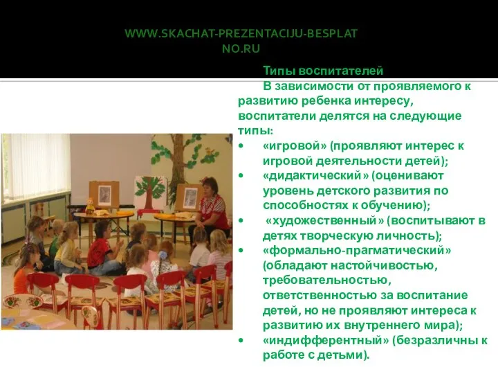 www.skachat-prezentaciju-besplatno.ru Типы воспитателей В зависимости от проявляемого к развитию ребенка интересу,