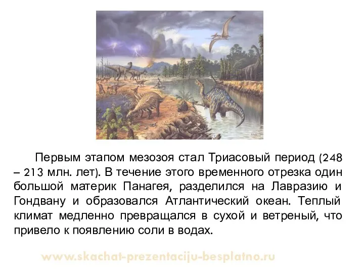 Первым этапом мезозоя стал Триасовый период (248 – 213 млн. лет).