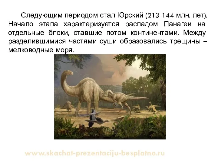 Следующим периодом стал Юрский (213-144 млн. лет). Начало этапа характеризуется распадом