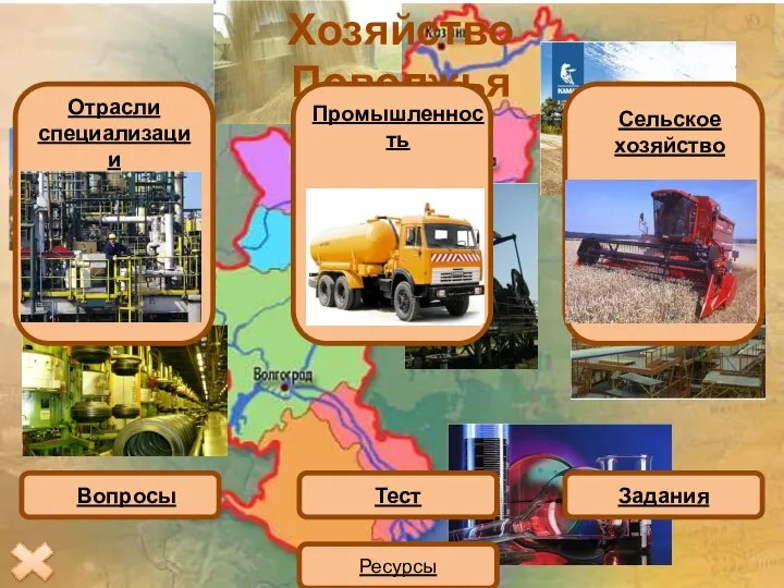 Хозяйство Поволжья Отрасли специализации Промышленность Сельское хозяйство Вопросы Тест Задания Ресурсы