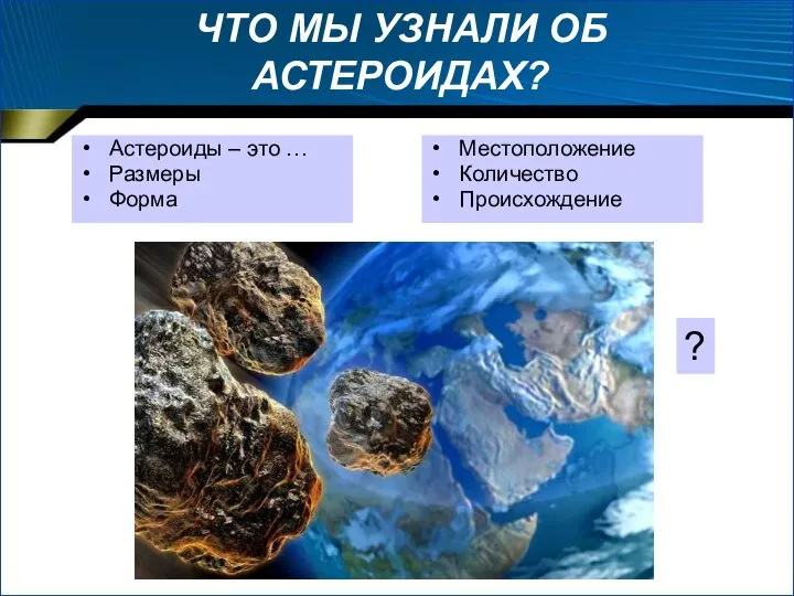 ЧТО МЫ УЗНАЛИ ОБ АСТЕРОИДАХ? Астероиды – это … Размеры Форма Местоположение Количество Происхождение ?