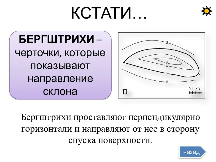 КСТАТИ… БЕРГШТРИХИ – черточки, которые показывают направление склона Бергштрихи проставляют перпендикулярно