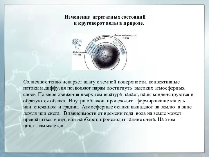 Изменение агрегатных состояний и круговорот воды в природе. Солнечное тепло испаряет