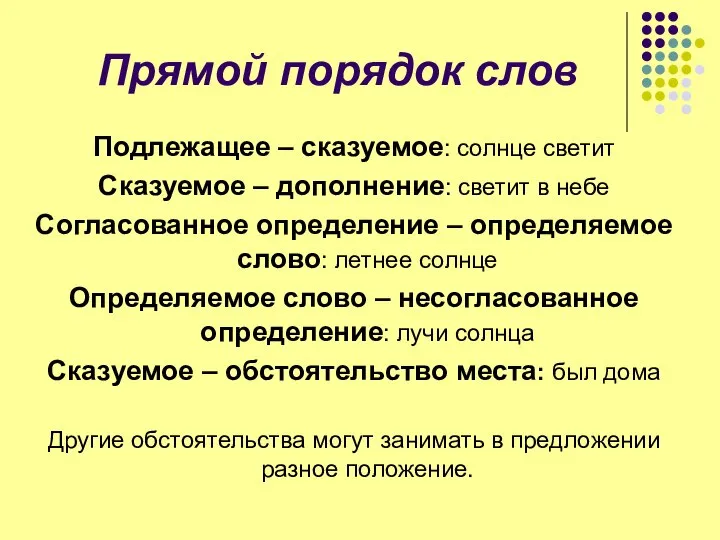 Прямой порядок слов Подлежащее – сказуемое: солнце светит Сказуемое – дополнение: